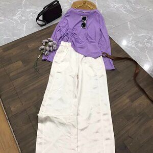 💜 Purple Top White Pants Two Piece Set Outfit